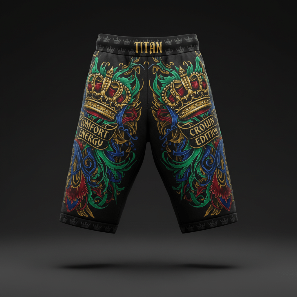 Black TITAN jogger shorts featuring vibrant gold crowns, scrolling green/blue designs, and "CROWN EDITION" text.
