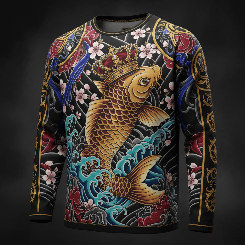 TITAN Men's Long Sleeve Tee - Koi Wave Crown Design