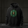 Black hoodie with a gold TITAN logo centered inside a neon green and blue geometric mandala design.