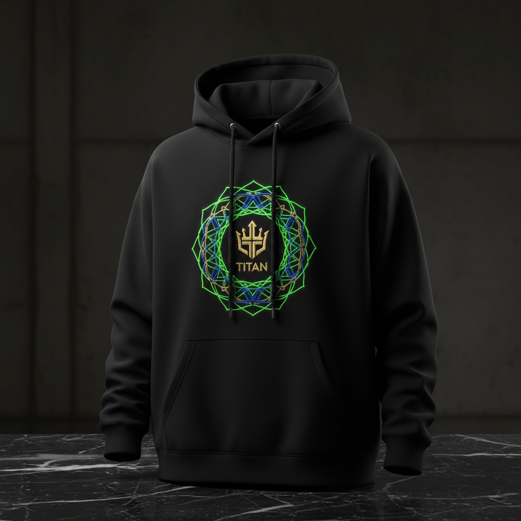 Black hoodie with a gold TITAN logo centered inside a neon green and blue geometric mandala design.