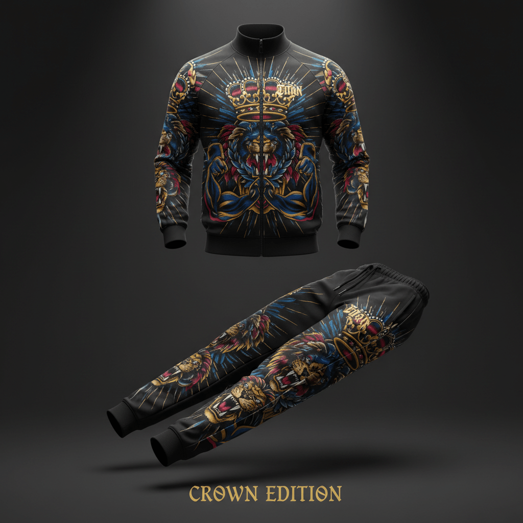 Black TITAN tracksuit featuring a gold crown and lion graphic with blue, red, and gold accents. Zip-up jacket and pants.