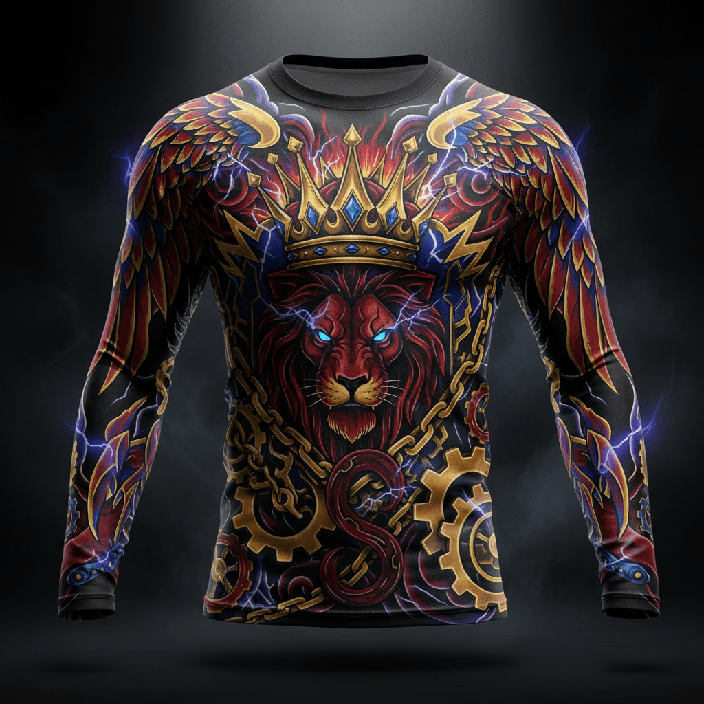 TITAN long-sleeve muscle shirt with crown-wearing lion, red wings, gold chains, gears, and lightning on black fabric.