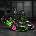 Black running shoes with neon green and pink crown graphics, drip accents, and reflective Titan tongue branding.