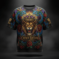 Black oversized graphic tee featuring a crowned lion, blue dragons, and red roses with "CROWN EDITION" text.