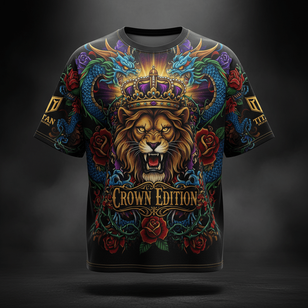 Black oversized graphic tee featuring a crowned lion, blue dragons, and red roses with "CROWN EDITION" text.