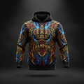 Black Titan hoodie with gold crown, shield, wings, "CHAMPION" text, and blue lightning graphic on a dark background.