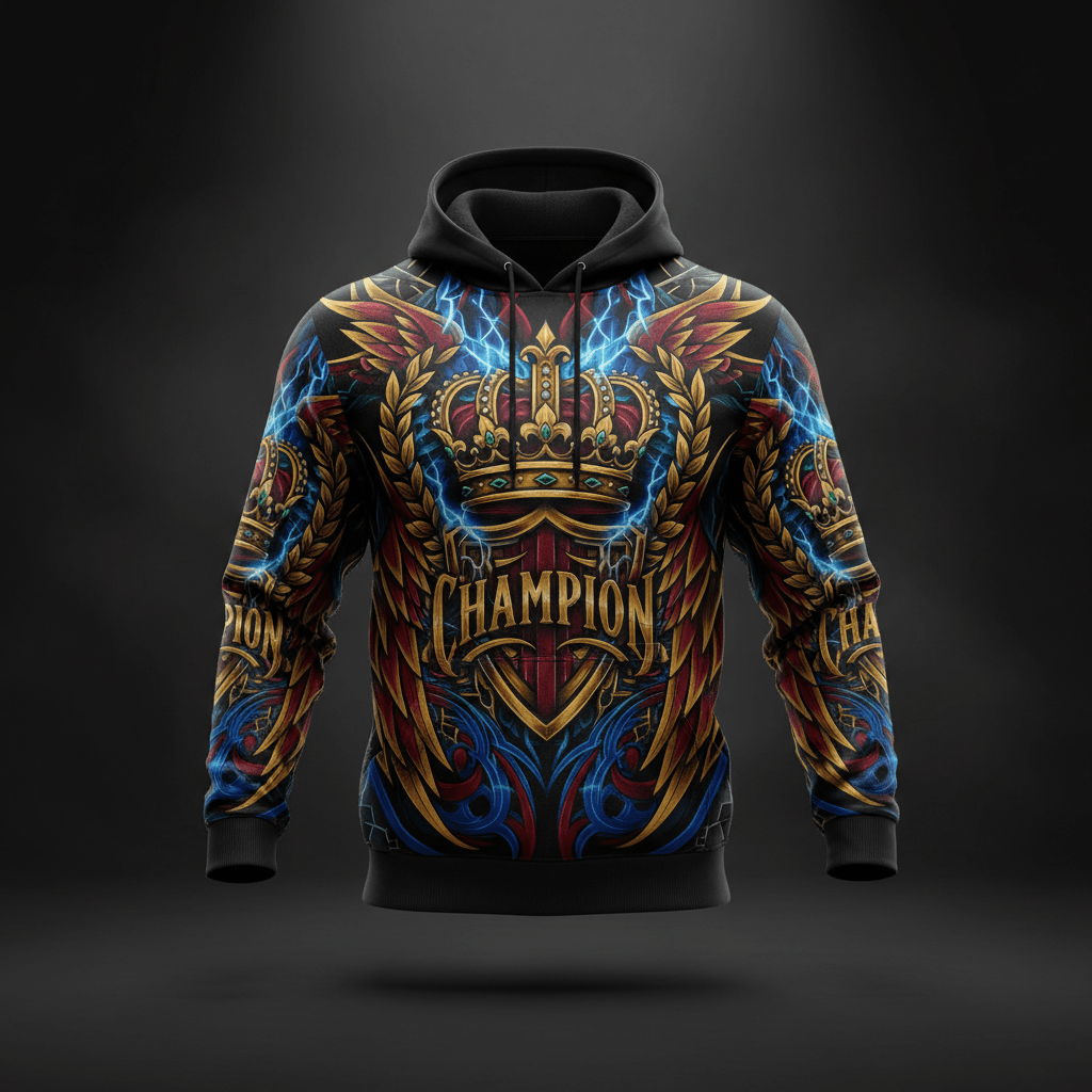 Black Titan hoodie with gold crown, shield, wings, "CHAMPION" text, and blue lightning graphic on a dark background.