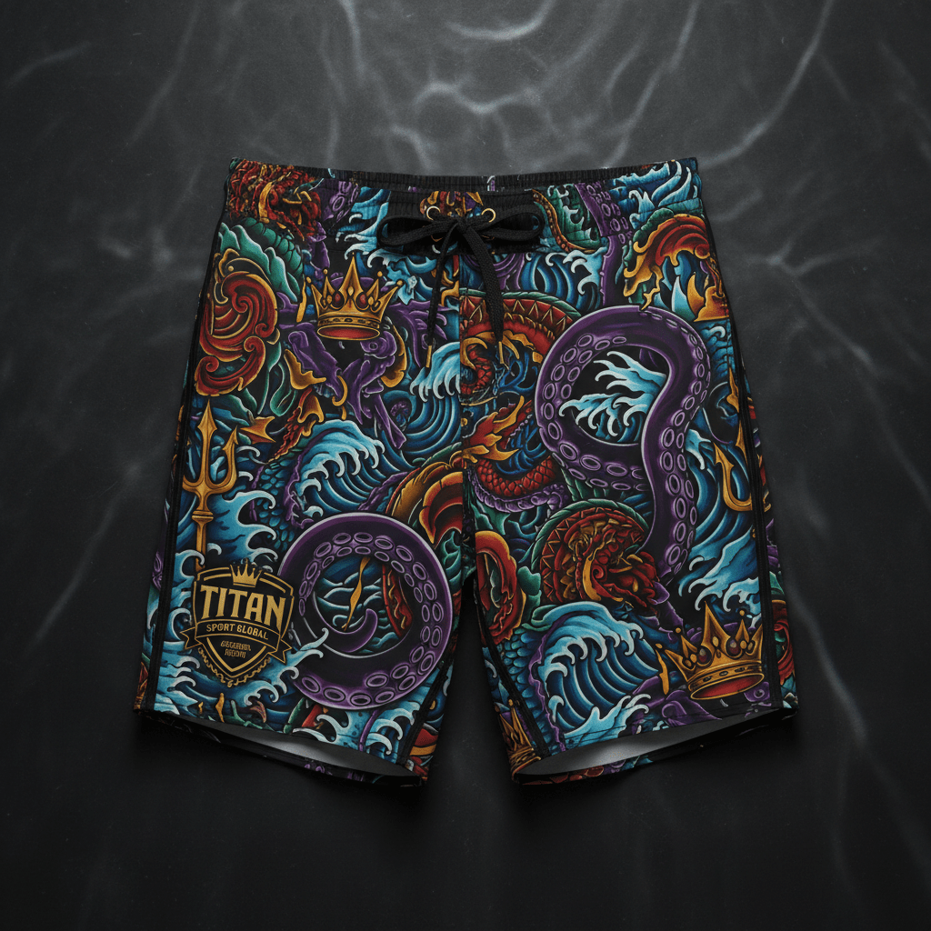 TITAN swim shorts featuring a colorful, detailed aquatic print with tentacles, waves, crowns, and a gold TITAN logo.