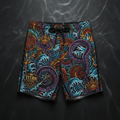 TITAN swim shorts featuring a colorful, detailed aquatic print with tentacles, waves, crowns, and a gold TITAN logo.