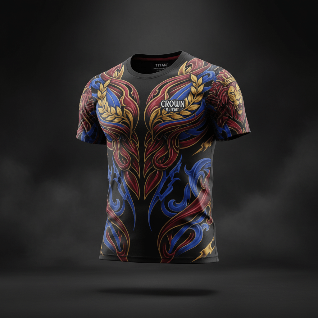 Black TITAN athletic tee with gold lion, laurel, and ornate red and blue filigree graphic designs.