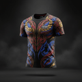 Black TITAN athletic tee with gold lion, laurel, and ornate red and blue filigree graphic designs.