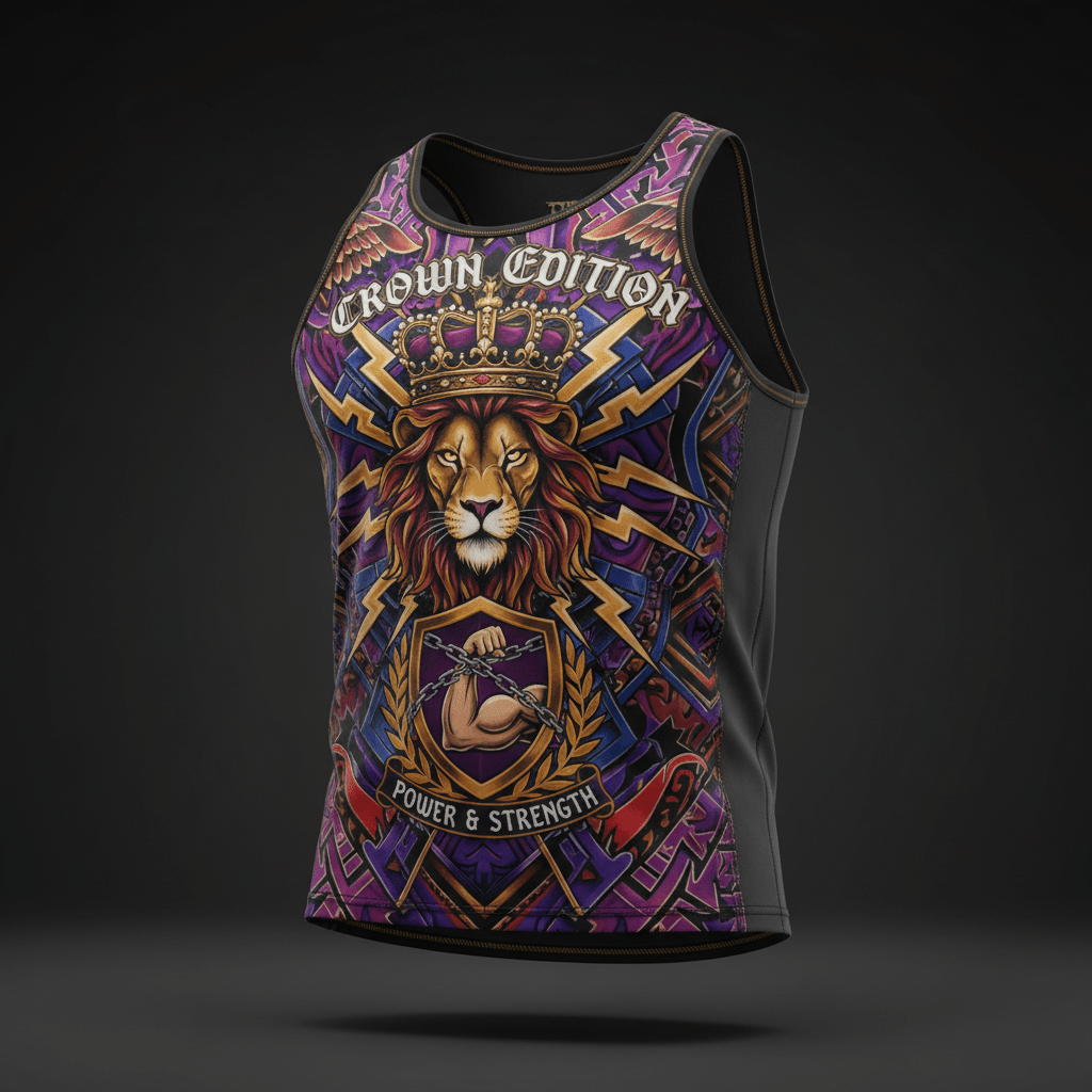 Titan muscle tank featuring a crowned lion, "Crown Edition" text, and bicep chain crest on a purple graphic print.