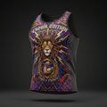 Titan muscle tank featuring a crowned lion, "Crown Edition" text, and bicep chain crest on a purple graphic print.