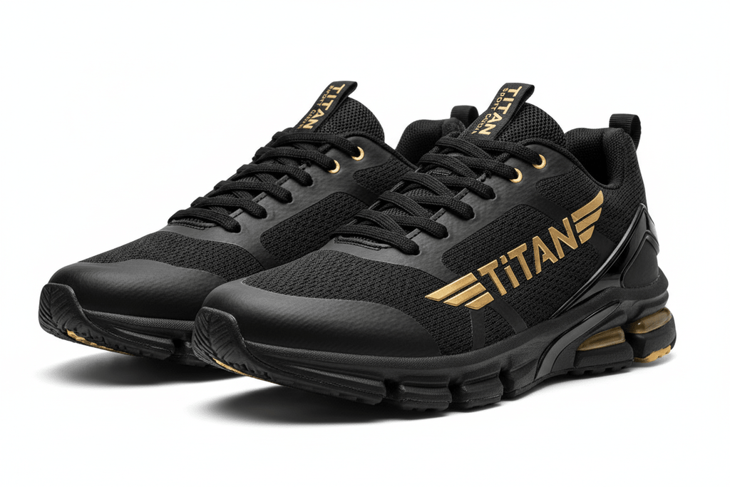 Black Titan cross-training shoes with gold brand logo, lace-up mesh design, and cushioned sole against white background.