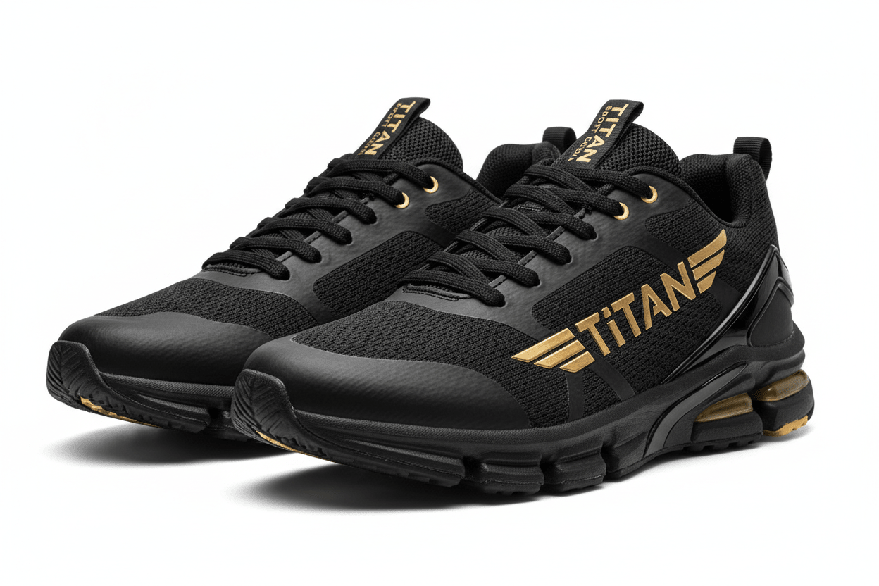 Black Titan cross-training shoes with gold brand logo, lace-up mesh design, and cushioned sole against white background.