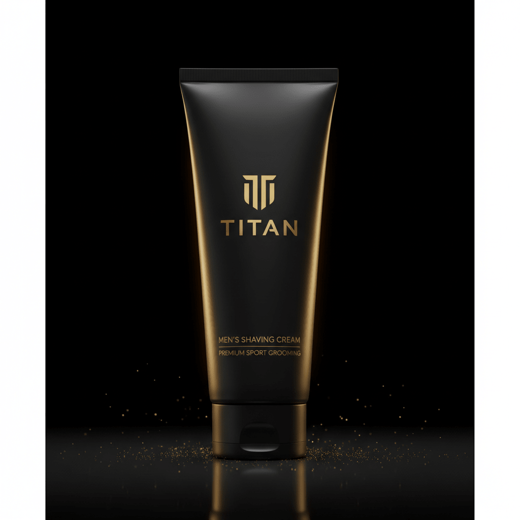 Matte black TITAN shaving cream tube with gold logo and text, set against a dark background with gold dust particles.