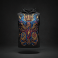 Black sleeveless hoodie featuring a vibrant gold, blue, and red "Crown Edition" crest graphic with lightning bolts.