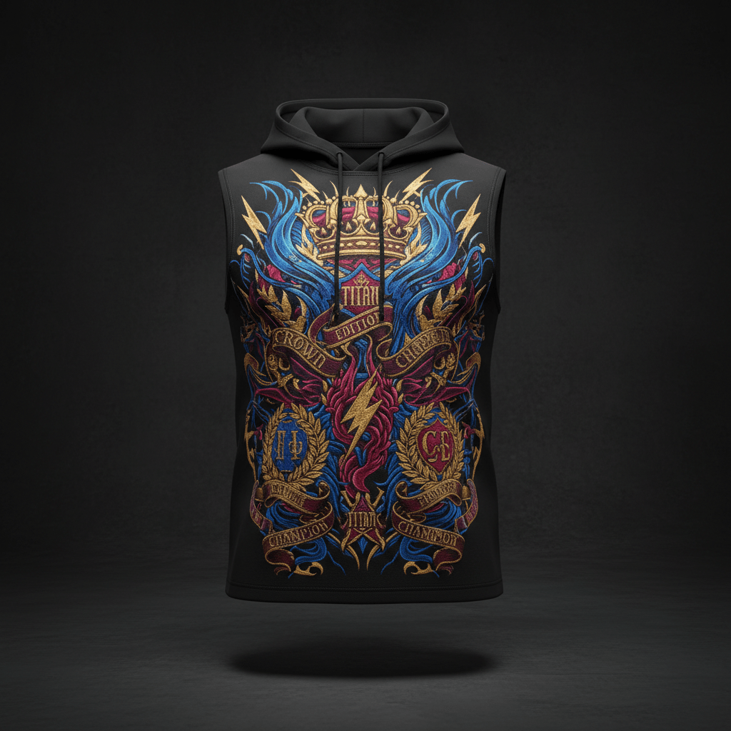 Black sleeveless hoodie featuring a vibrant gold, blue, and red "Crown Edition" crest graphic with lightning bolts.