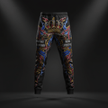 Black tapered sweatpants with red, blue, and gold crown-themed graphic print, lightning accents, and text detailing.