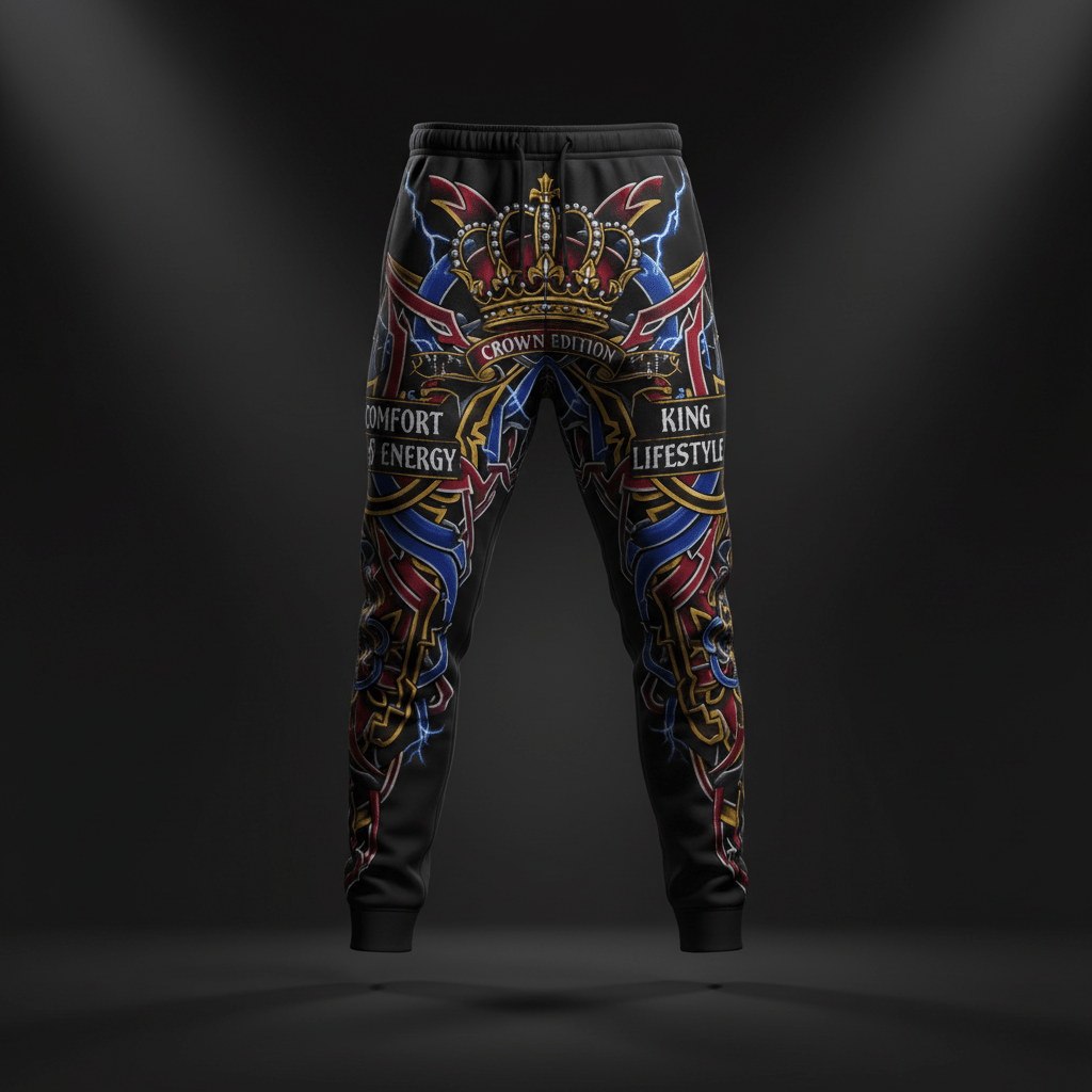 Black tapered sweatpants with red, blue, and gold crown-themed graphic print, lightning accents, and text detailing.