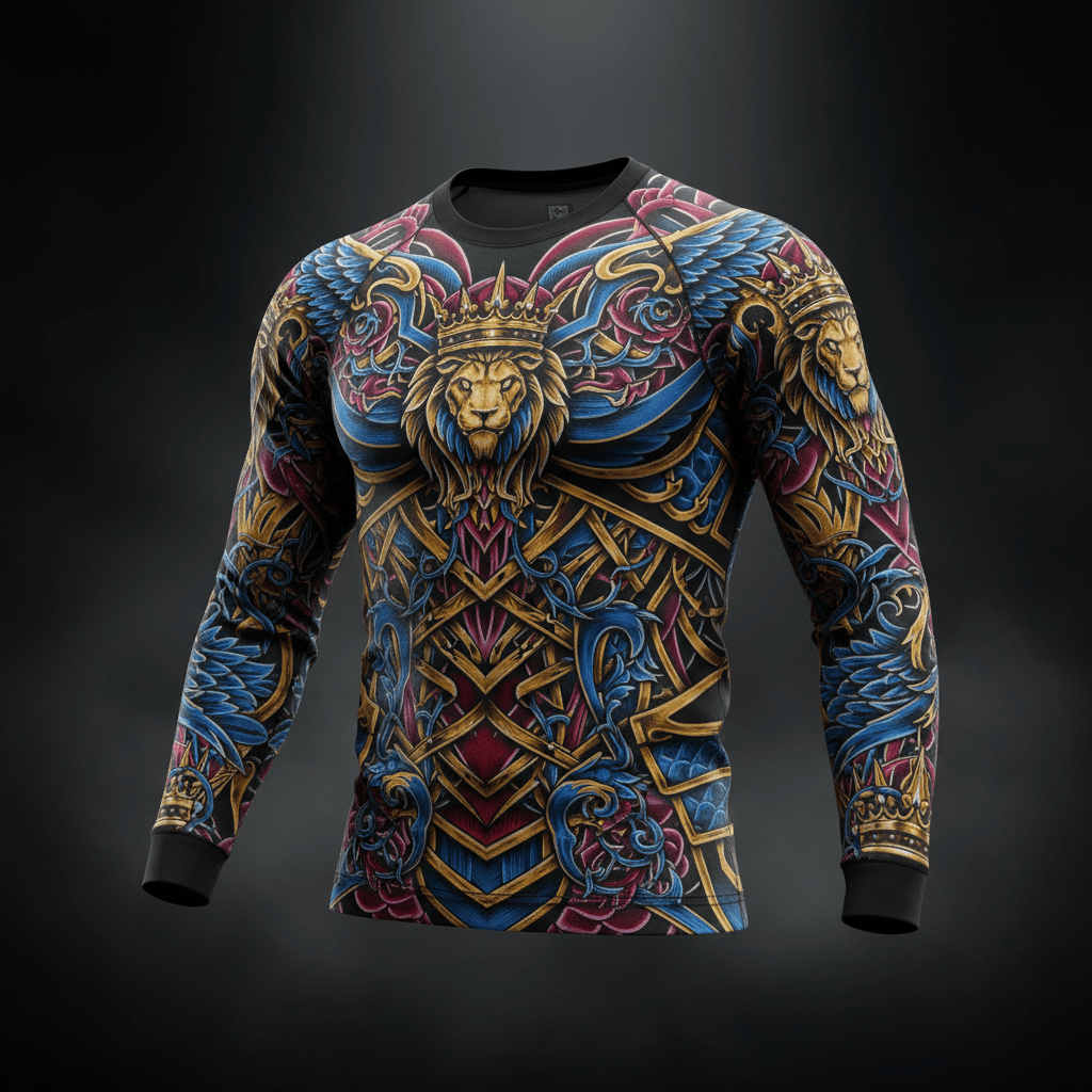 TITAN Men's long-sleeve thermal with gold lion crown graphic, blue wings, and ornate scrollwork on black background.