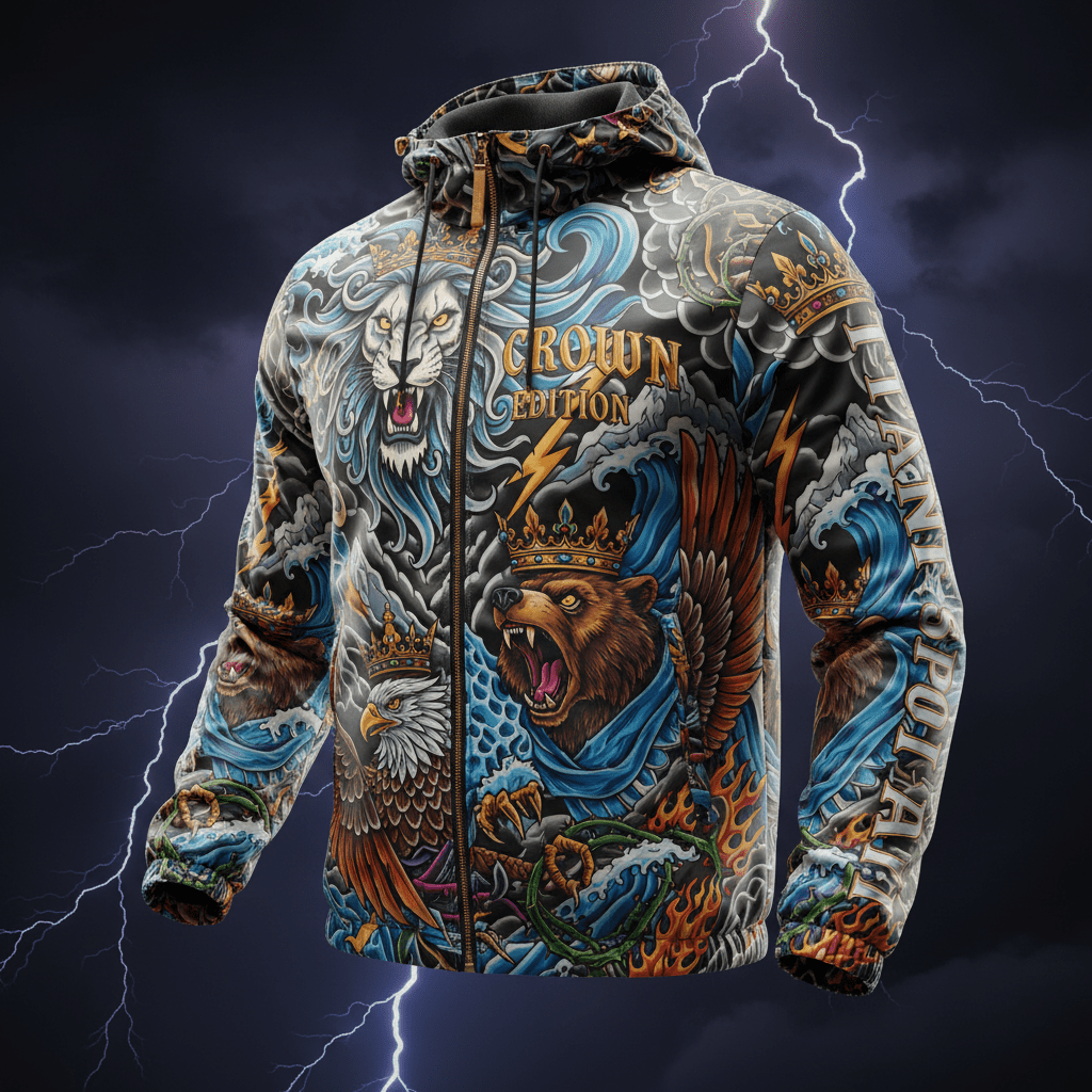 TITAN windbreaker with lion, bear, and eagle graphics, "CROWN EDITION" text, and blue, gold, and black colors.