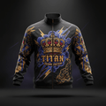Black windbreaker with gold crown graphic, Titan logo, lightning bolts, and blue clouds, featuring a full-zip front.