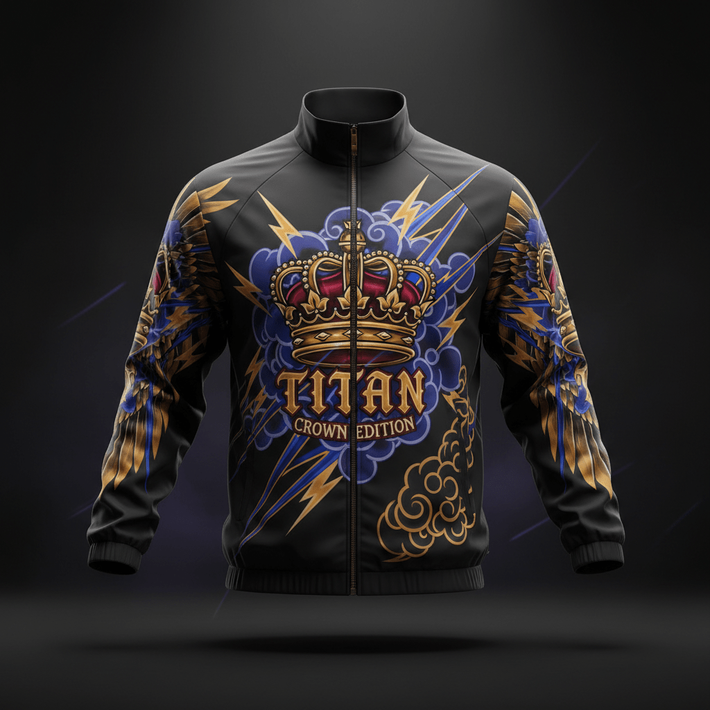 Black windbreaker with gold crown graphic, Titan logo, lightning bolts, and blue clouds, featuring a full-zip front.
