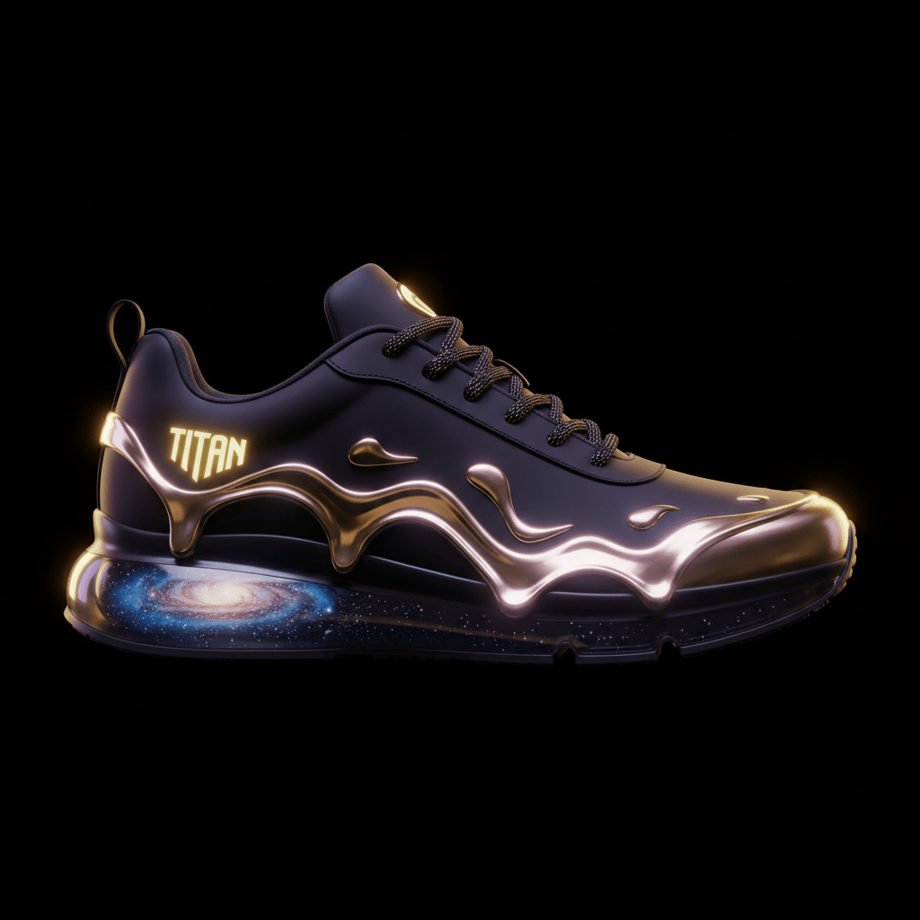 TITAN Classic sneaker in black with gold metallic drip overlays, glowing brand logo, and a galaxy-print sole.