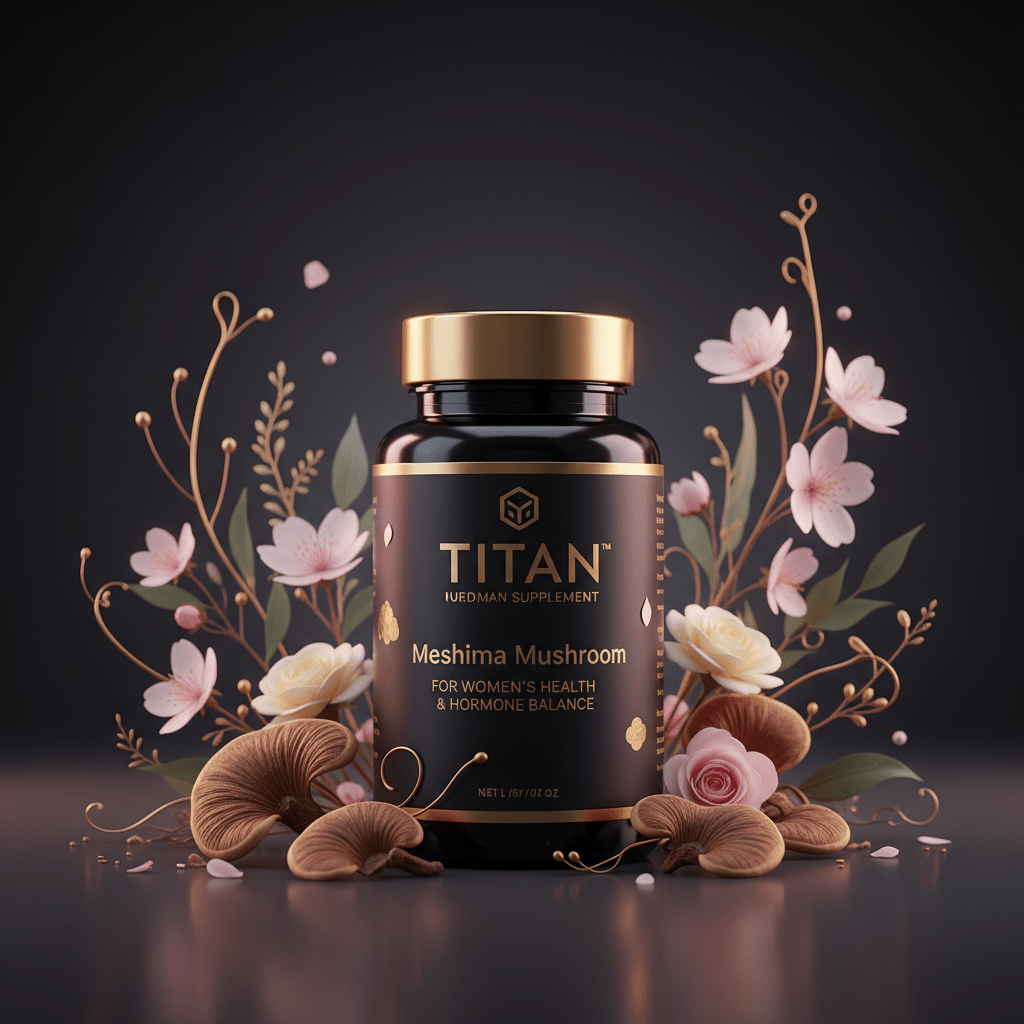 TITAN Meshima Mushroom supplement bottle with gold cap, surrounded by pink flowers, green leaves, and brown mushrooms.