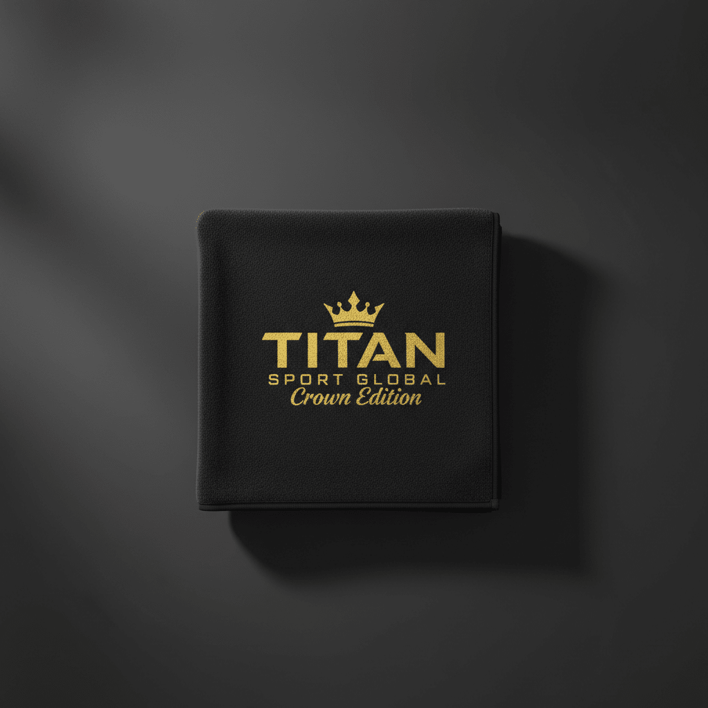 Black TITAN Sport Global Crown Edition microfiber gym towel with gold embroidered crown and logo on dark background.