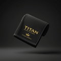 Black microfiber TITAN Sport Global gym towel with embroidered gold logo and "Crown Edition" text.