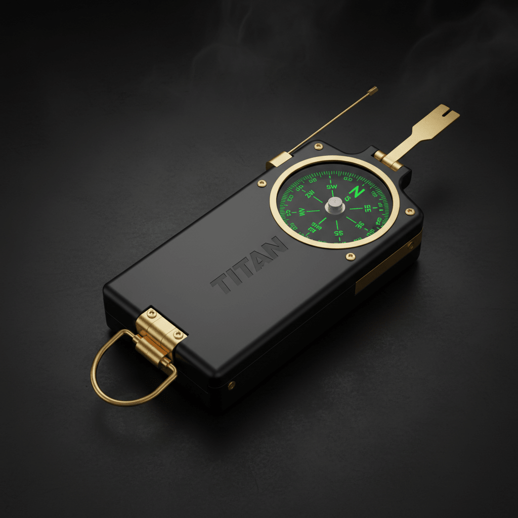 TITAN matte black military lensatic compass with gold accents, glowing green dial, and folding sighting components.