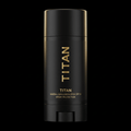Matte black TITAN sunscreen stick with gold vertical branding and SPF 50 text isolated on a black background.