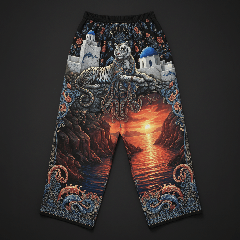 Lounge pants featuring a white tiger, Greek domes, and sunset ocean scene with ornate blue and coral scrollwork.
