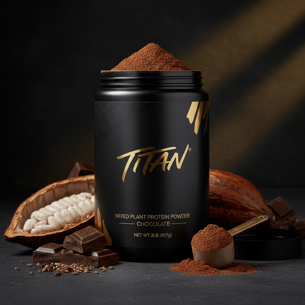 Black jar of TITAN Chocolate Mixed Plant Protein Powder with a scoop, cocoa pods, and chocolate chunks on dark surface.