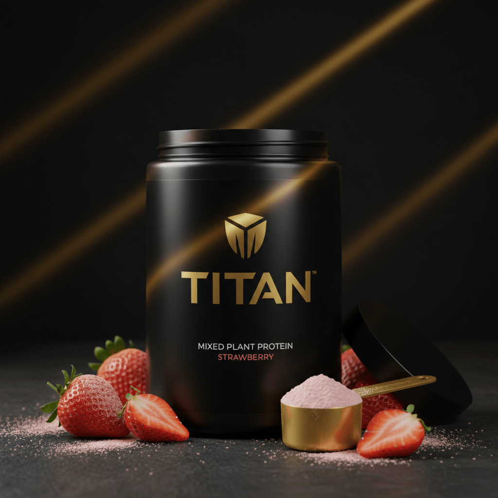 Black TITAN protein tub with gold logo, pink powder scoop, and fresh strawberries on a dark textured surface.