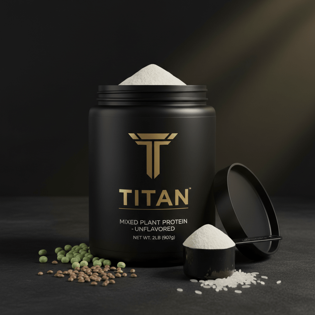 Black jar of Titan mixed plant protein with gold logo, open lid, scoop, and raw peas, lentils, and rice on table.