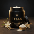 Black TITAN jar of vanilla mixed plant protein powder with gold logo, scoop, and vanilla flowers on dark background.