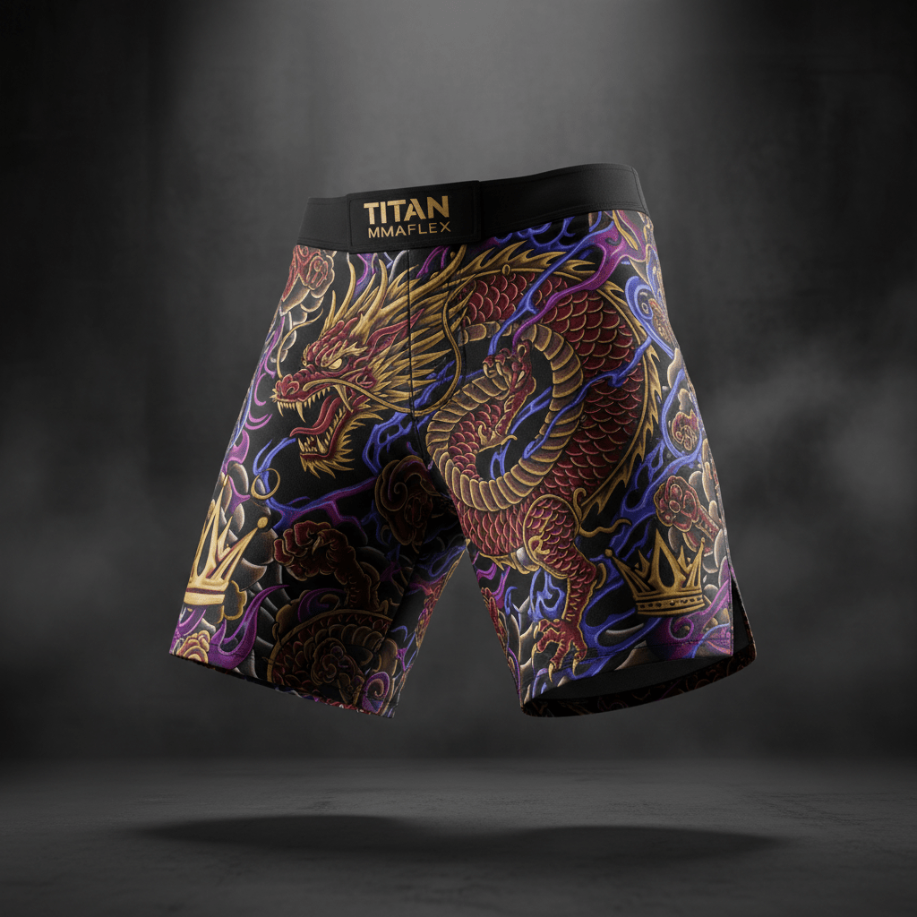 TITAN MMAFlex black training shorts featuring an intricate red and gold dragon pattern, purple accents, and crowns.