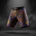 TITAN MMAFlex black training shorts featuring an intricate red and gold dragon pattern, purple accents, and crowns.