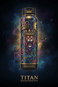 TITAN Crown Edition bottle with ornate lion, crown, and floral art in a vibrant, mystical style on a dark background.