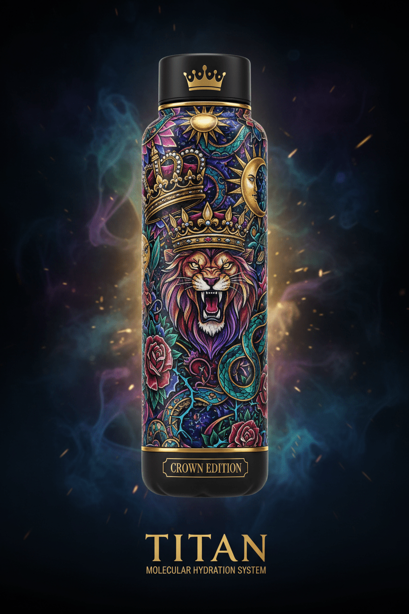 TITAN Crown Edition bottle with ornate lion, crown, and floral art in a vibrant, mystical style on a dark background.