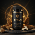 Black bottle with gold TITAN logo and Morel Mushroom text, surrounded by morel mushrooms on a black stone surface.