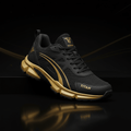 Titan Elite black training shoe with metallic gold accents, featuring mesh panels, branding, and a sculpted gold sole.
