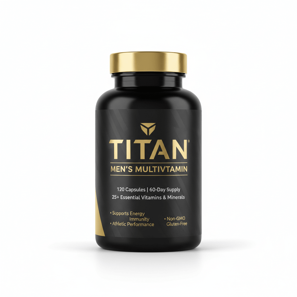 Black supplement bottle with gold lid, "TITAN Men's Multivitamin" label, 120 capsules, text on white background.