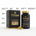 Black and gold TITAN Multivitamin Elite bottle and box with capsule window, highlighting benefits and 90 capsules.