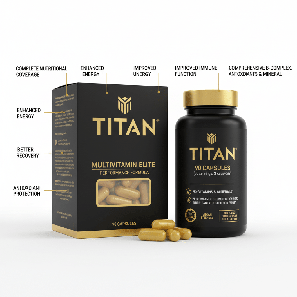 Black and gold TITAN Multivitamin Elite bottle and box with capsule window, highlighting benefits and 90 capsules.