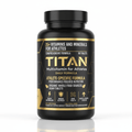 Black supplement bottle with gold text, branding "TITAN Multivitamin for Athletes," and icons on a white background.