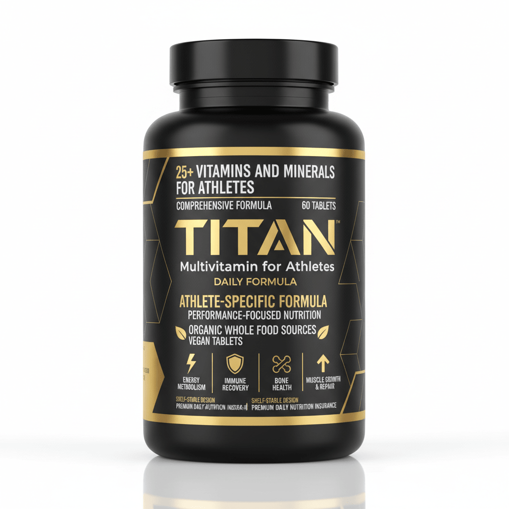 Black supplement bottle with gold text, branding "TITAN Multivitamin for Athletes," and icons on a white background.